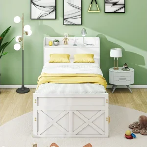 Eenpersoonsbed 90×190 cm van massief hout, wit, met uitschuifbed, 2 lades en USB-nachttafel Eenpersoonsbed 90×190 cm van massief hout, wit, met uitschuifbed, 2 lades en USB-nachttafel