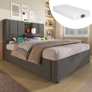 Eenpersoons gestoffeerd opbergbed – 90 x 200 cm – met verborgen bekerhouder en oplaadstation – linnen – grijs (met matras) Eenpersoons gestoffeerd opbergbed – 90 x 200 cm – met verborgen bekerhouder en oplaadstation – linnen – grijs (met matras)