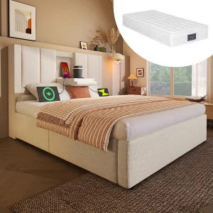 Eenpersoons gestoffeerd opbergbed – 90 x 200 cm – met verborgen bekerhouder en oplaadstation – linnen – beige (met matras) Eenpersoons gestoffeerd opbergbed – 90 x 200 cm – met verborgen bekerhouder en oplaadstation – linnen – beige (met matras)