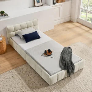 Eenpersoonsbed 90 x 200 cm – Kinderbed met zacht hoofdeinde en ijzeren frame – beige chenille – matras niet inbegrepen Eenpersoonsbed 90 x 200 cm – Kinderbed met zacht hoofdeinde en ijzeren frame – beige chenille – matras niet inbegrepen