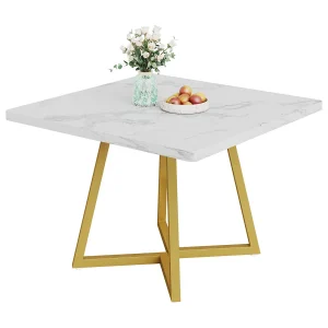 Eettafel voor 4 personen, moderne stijl, stevig metalen frame, 80 x 80 x 75 cm keukentafel voor eetkamer (wit & goud) Eettafel voor 4 personen, moderne stijl, stevig metalen frame, 80 x 80 x 75 cm keukentafel voor eetkamer (wit & goud)