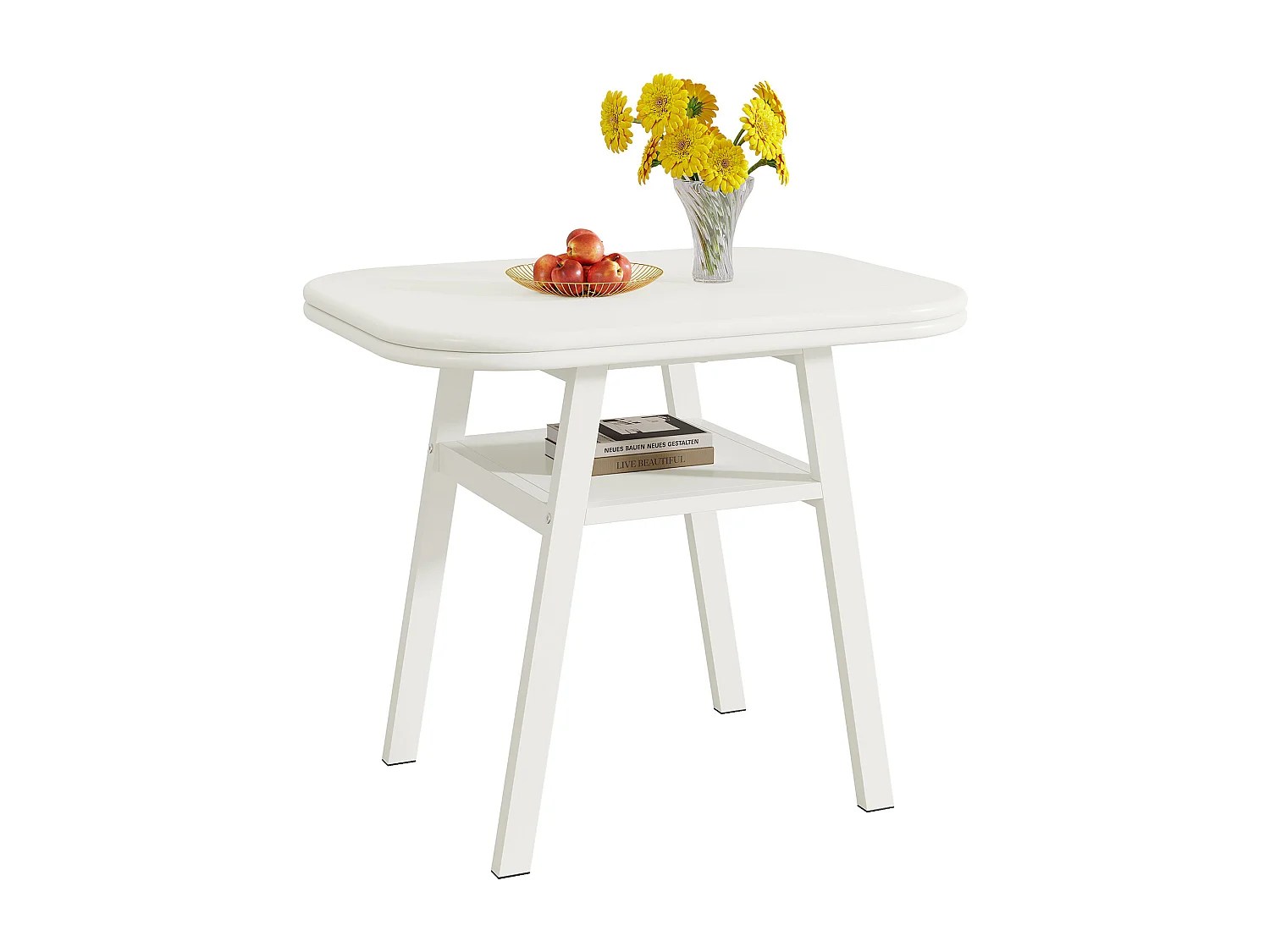 Eettafel voor 2-4 personen, 80 cm kleine moderne keukentafel met opbergplank en metalen framepoten, wit