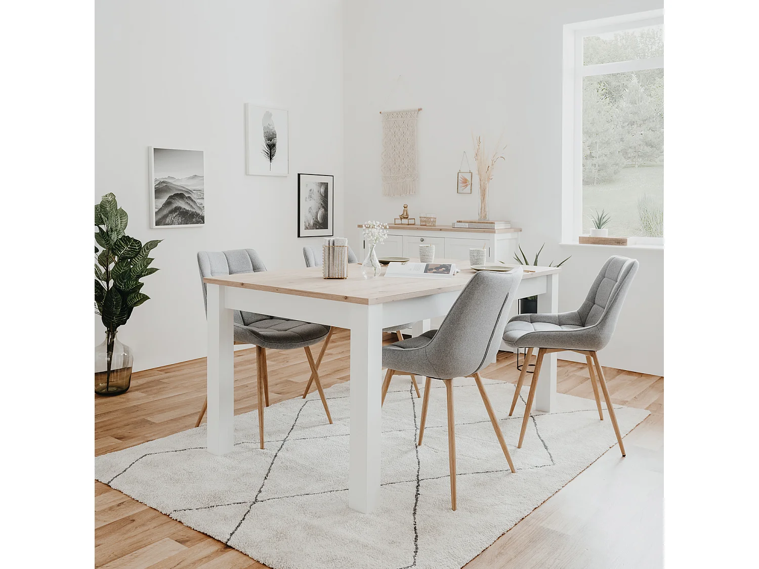 Eettafel en stoelen 160x90x75 cm Grijze houten tafel Wit