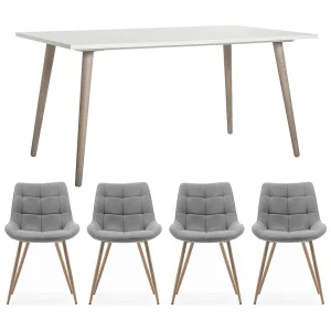Eettafel en stoelen 160x90x75 cm Wit en Natuurlijk Uitschuifbare keukentafel met gestoffeerde stoelen Antraciet