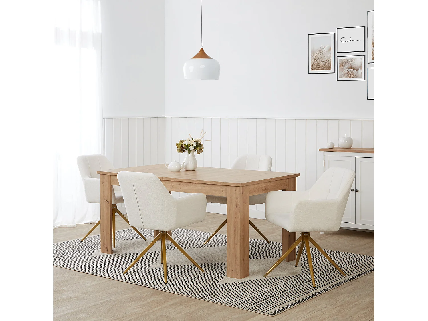 Eettafel 160x90x76 cm natuurlijk modern hout eiken met 4 beige bouclé stoelen