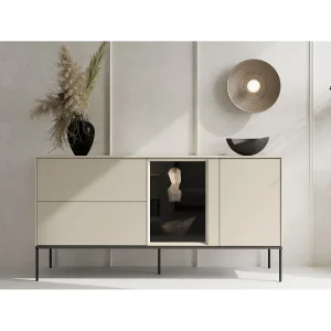 Dressoir met verlichte glazen vitrine en twee lades – 166 cm – in crème – BELLEZO