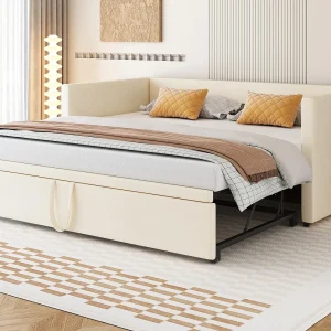 Fluweelen bankbed 90/180x200cm – met uitschuifbaar bed – met lattenbodem – Beige Fluweelen bankbed 90/180x200cm – met uitschuifbaar bed – met lattenbodem – Beige