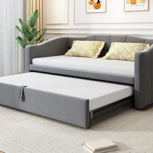 Fluweelen bankbed 180×200 cm – met uitschuifbaar bed – lattenbodem – Grijs Fluweelen bankbed 180×200 cm – met uitschuifbaar bed – lattenbodem – Grijs