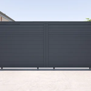 Elektrische schuifpoort in aluminium met jaloezievorm L416 x H180 cm donkergrijs – VIAZO