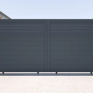 Elektrische schuifpoort in aluminium met jaloezievorm L374 x H180 cm donkergrijs – VIAZO