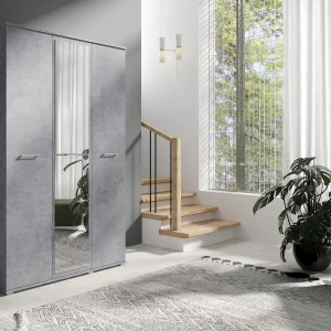 Drie-deurs opengaande kast SPIEGEL 120 cm × 200 cm BETON | Planken + Kleerhangerstang Drie-deurs opengaande kast SPIEGEL 120 cm × 200 cm BETON | Planken + Kleerhangerstang