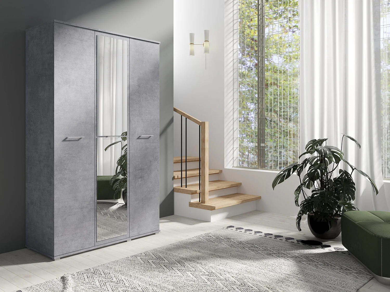 Drie-deurs opengaande kast SPIEGEL 120 cm × 200 cm BETON | Planken + Kleerhangerstang