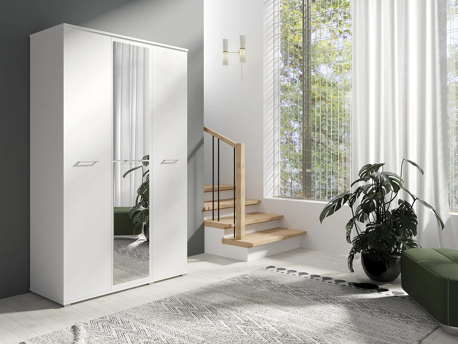 Drie-deurs opengaande kast SPIEGEL 120 cm × 200 cm WIT | Planken + Kleerhangerstang