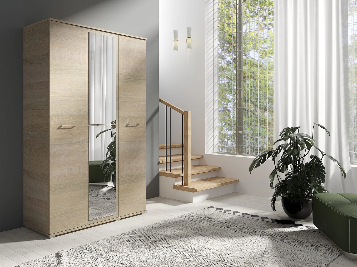 Drie-deurs opengaande kast SPIEGEL 120 cm × 200 cm SONOMA | Planken + Kleerhangerstang