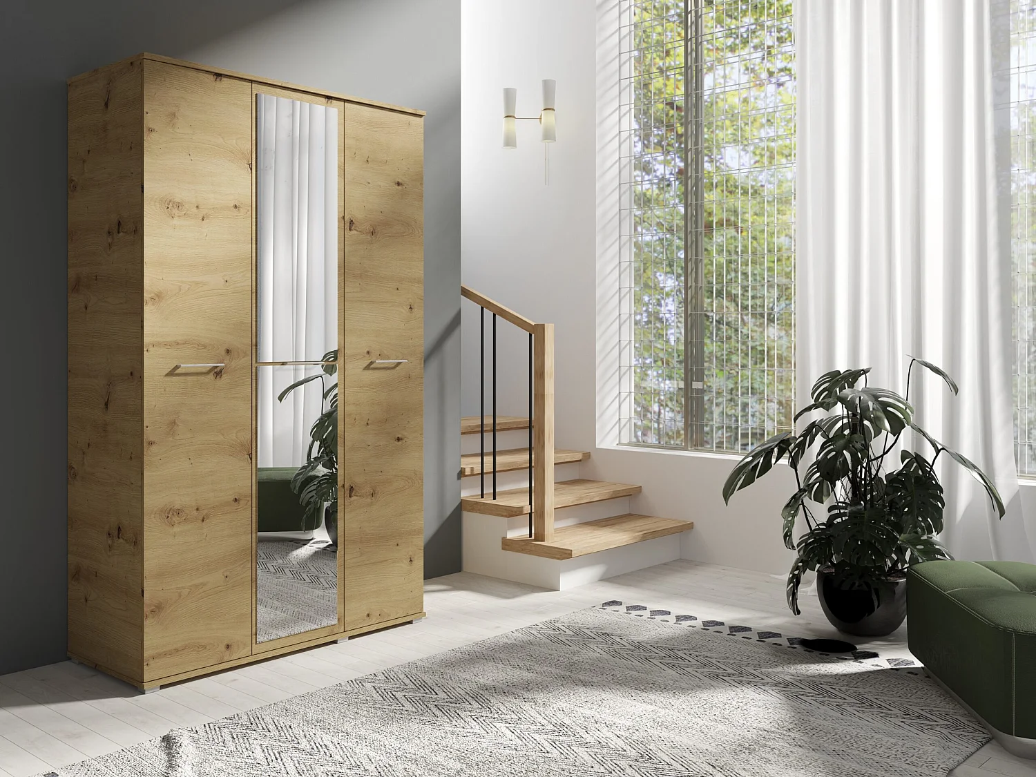 Drie-deurs opengaande kast SPIEGEL 120 cm × 200 cm ARTISAN | Planken + Kleerhangerstang
