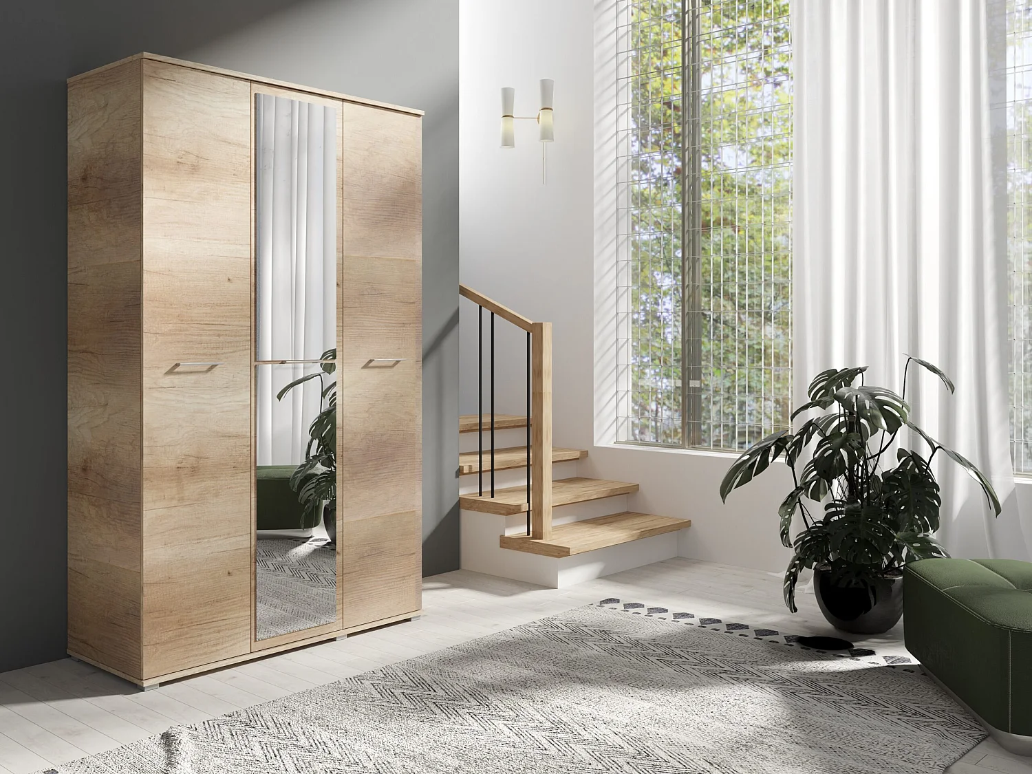 Drie-deurs opengaande kast SPIEGEL 120 cm × 200 cm CANION | Planken + Kleerhangerstang