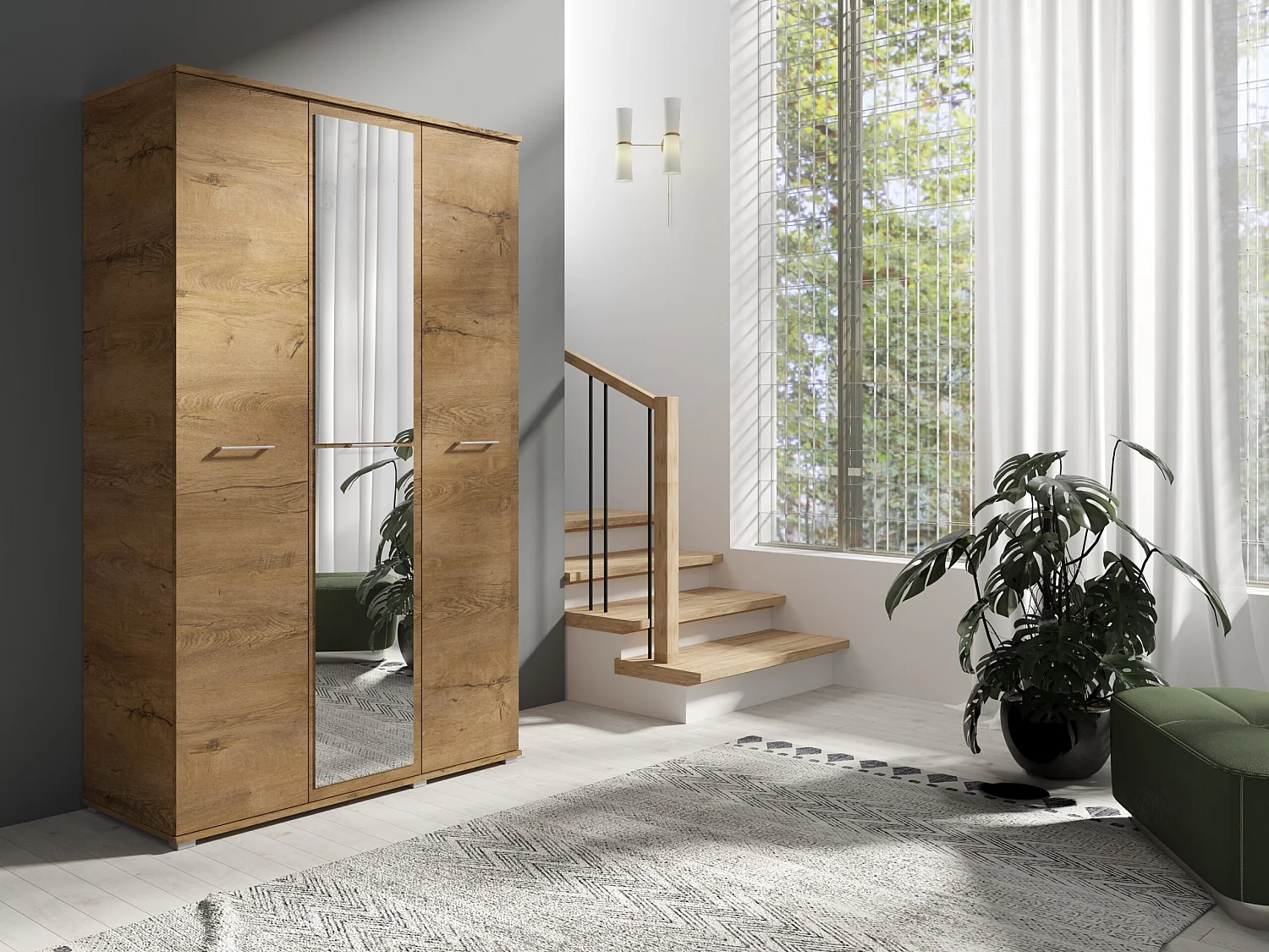 Drie-deurs opengaande kast SPIEGEL 120 cm × 200 cm LEFKAS | Planken + Kleerhangerstang