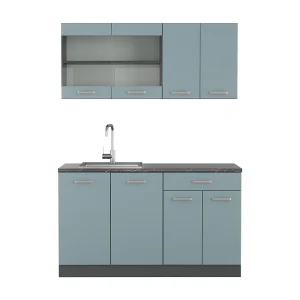 Eenpersoonskeuken blauw-grijs/antraciet 140x60x81.6 r-line Eenpersoonskeuken blauw-grijs/antraciet 140x60x81.6 r-line