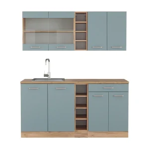 Eenpersoonskeuken blauw-grijs/gouden eik 160x60x81.6 r-line Eenpersoonskeuken blauw-grijs/gouden eik 160x60x81.6 r-line