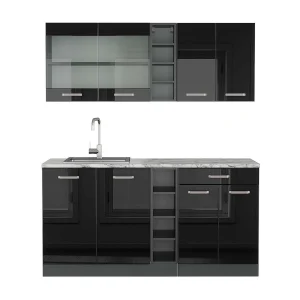 Eenpersoonskeuken hoogglans zwart/antraciet 160x60x81.6 r-line Eenpersoonskeuken hoogglans zwart/antraciet 160x60x81.6 r-line