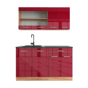 Eenpersoonskeuken rood hoogglans/gouden eik 140x60x81.6 r-line Eenpersoonskeuken rood hoogglans/gouden eik 140x60x81.6 r-line