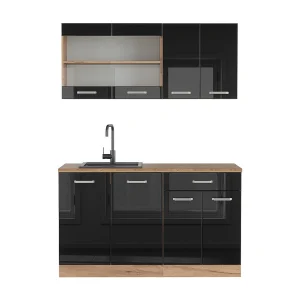 Eenpersoonskeuken eiken hoogglans zwart/goud 140x60x81.6 r-line Eenpersoonskeuken eiken hoogglans zwart/goud 140x60x81.6 r-line