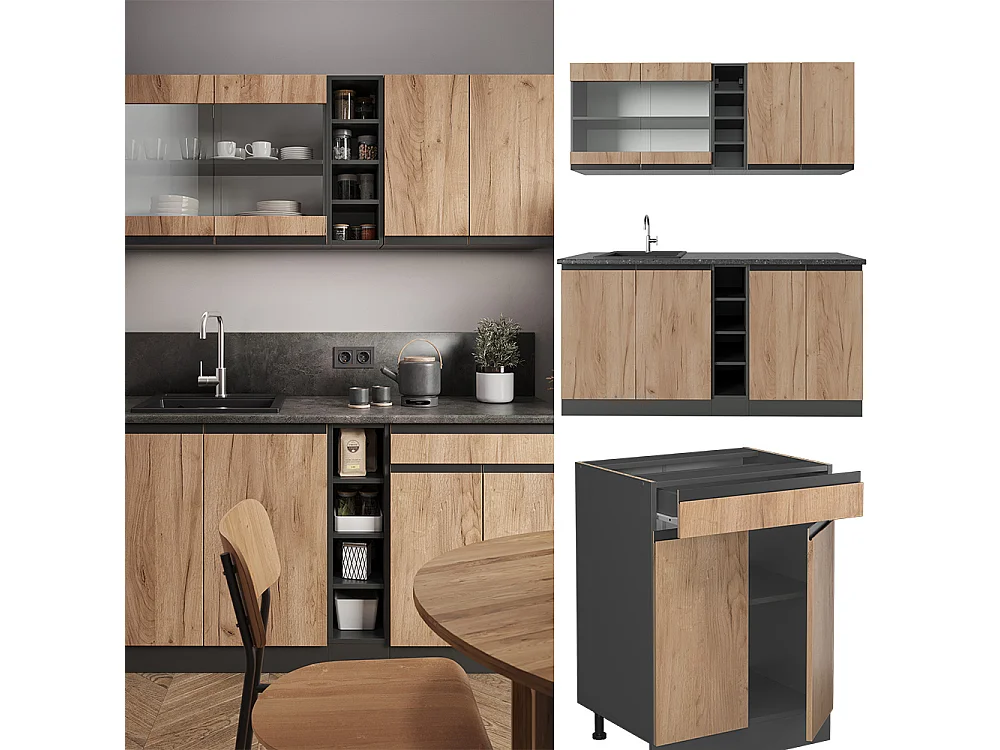 Eenpersoonskeuken eik goud/antraciet 160x60x81.6 r-line