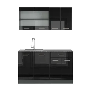 Eenpersoonskeuken hoogglans zwart/antraciet 140x60x81.6 r-line Eenpersoonskeuken hoogglans zwart/antraciet 140x60x81.6 r-line