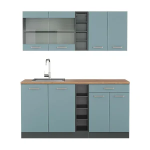 Eenpersoonskeuken blauw-grijs/antraciet 160x60x81.6 r-line Eenpersoonskeuken blauw-grijs/antraciet 160x60x81.6 r-line