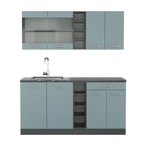 Eenpersoonskeuken blauw-grijs/antraciet 160x60x81.6 r-line Eenpersoonskeuken blauw-grijs/antraciet 160x60x81.6 r-line