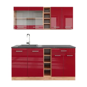 Eenpersoonskeuken rood hoogglans/gouden eik 160x60x81.6 r-line Eenpersoonskeuken rood hoogglans/gouden eik 160x60x81.6 r-line