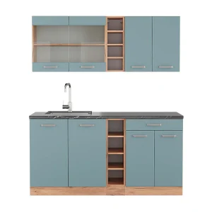 Eenpersoonskeuken blauw-grijs/gouden eik 160x60x81.6 r-line Eenpersoonskeuken blauw-grijs/gouden eik 160x60x81.6 r-line