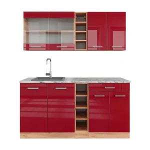 Eenpersoonskeuken rood hoogglans/gouden eik 160x60x81.6 r-line Eenpersoonskeuken rood hoogglans/gouden eik 160x60x81.6 r-line