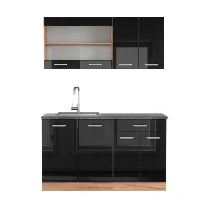 Eenpersoonskeuken eiken hoogglans zwart/goud 140x60x81.6 r-line Eenpersoonskeuken eiken hoogglans zwart/goud 140x60x81.6 r-line