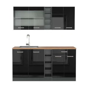 Eenpersoonskeuken hoogglans zwart/antraciet 160x60x81.6 r-line Eenpersoonskeuken hoogglans zwart/antraciet 160x60x81.6 r-line