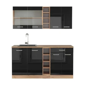 Eenpersoonskeuken eiken hoogglans zwart/goud 160x60x81.6 r-line Eenpersoonskeuken eiken hoogglans zwart/goud 160x60x81.6 r-line