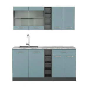 Eenpersoonskeuken blauw-grijs/antraciet 160x60x81.6 r-line Eenpersoonskeuken blauw-grijs/antraciet 160x60x81.6 r-line