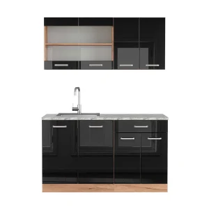 Eenpersoonskeuken eiken hoogglans zwart/goud 140x60x81.6 r-line Eenpersoonskeuken eiken hoogglans zwart/goud 140x60x81.6 r-line