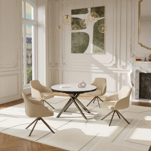 Uitschuifbare eettafel voor 4 tot 6 personen van keramiek, MDF en metaal – Wit marmereffect en brons – FEROLA Uitschuifbare eettafel voor 4 tot 6 personen van keramiek, MDF en metaal – Wit marmereffect en brons – FEROLA