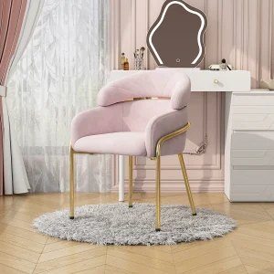 Fluwelen make-up stoel – 56,9 x 54,5 x 78 cm – voor woonkamer en slaapkamer – 4 metalen poten – roze