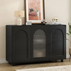 Elegant en ingetogen U-vormig dressoir – 120 x 40 x 78,5 cm – met glazen deur – ideaal voor elke ruimte – MDF – zwart Elegant en ingetogen U-vormig dressoir – 120 x 40 x 78,5 cm – met glazen deur – ideaal voor elke ruimte – MDF – zwart