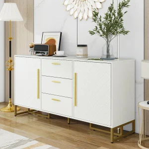 Elegant dressoir met visgraatmotief – 145 x 40 x 75 cm – met 2 deuren + 3 laden – MDF – wit Elegant dressoir met visgraatmotief – 145 x 40 x 75 cm – met 2 deuren + 3 laden – MDF – wit