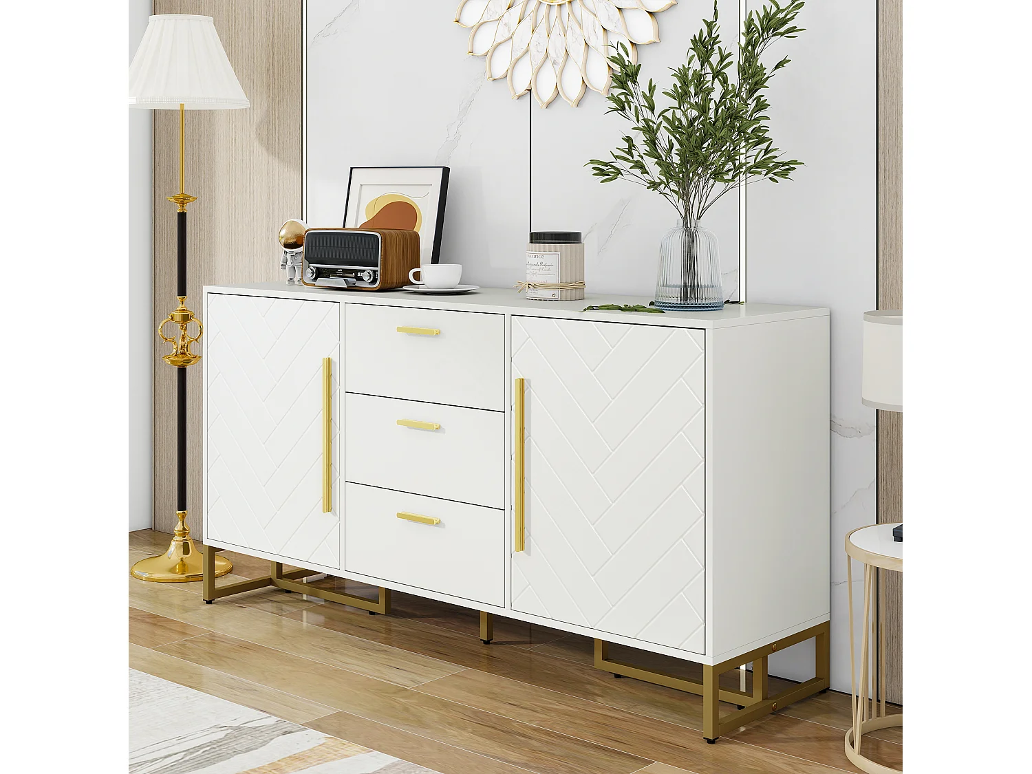 Elegant dressoir met visgraatmotief - 145 x 40 x 75 cm - met 2 deuren + 3 laden - MDF - wit