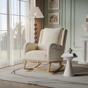 Fauteuil, schommelstoel met kussen, relaxstoel, geschikt voor woonkamer, slaapkamer, balkon, linnen, beige Fauteuil, schommelstoel met kussen, relaxstoel, geschikt voor woonkamer, slaapkamer, balkon, linnen, beige