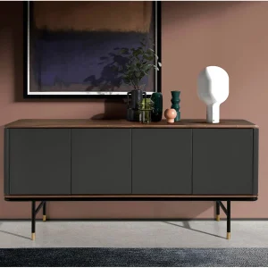 Dressoir in donkergrijs hout, zwart staal en walnoten blad Dressoir in donkergrijs hout, zwart staal en walnoten blad