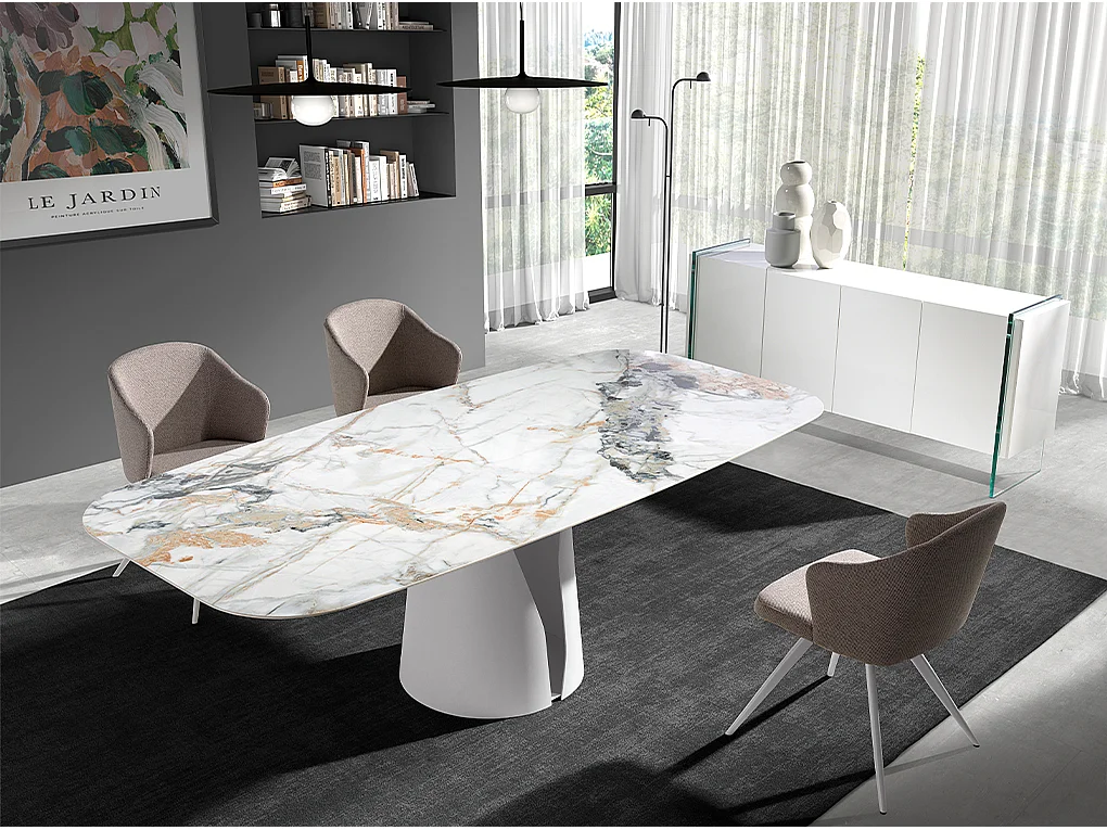 Eettafel ovale ton porselein marmer en wit staal 1135 ANGEL CERDA