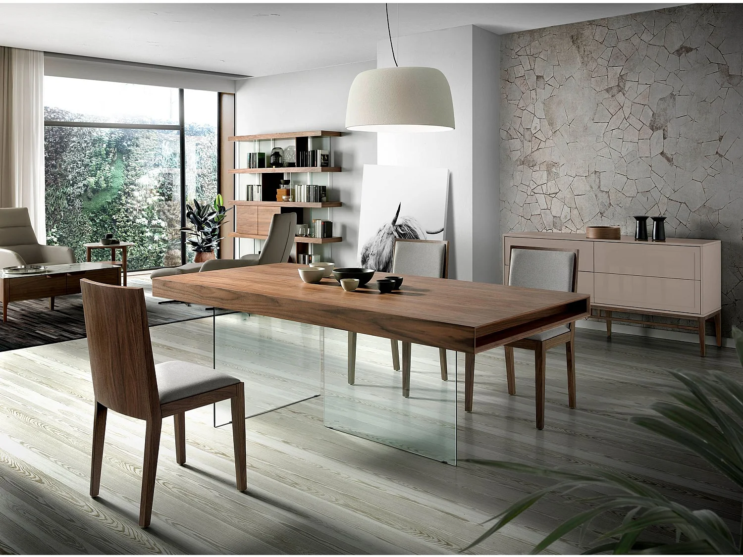 Eettafel rechthoekig walnoot fineer en gehard glas 1028 ANGEL CERDA