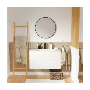 Enkele wastafelmeubel van 80 cm, eikenhouten afwerking, met kraan en spiegel SORRENTO Enkele wastafelmeubel van 80 cm, eikenhouten afwerking, met kraan en spiegel SORRENTO