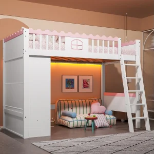 Eenpersoons hoogslaper 90x200cm, kinderbed met kledingkast, lade en LED, wit en roze Eenpersoons hoogslaper 90x200cm, kinderbed met kledingkast, lade en LED, wit en roze