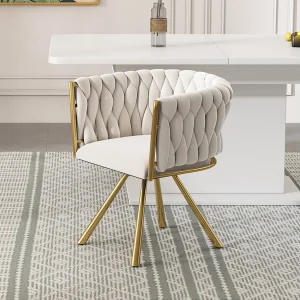 Draaistoel met armleuningen, gouden metalen poten – beige fluweel Draaistoel met armleuningen, gouden metalen poten – beige fluweel